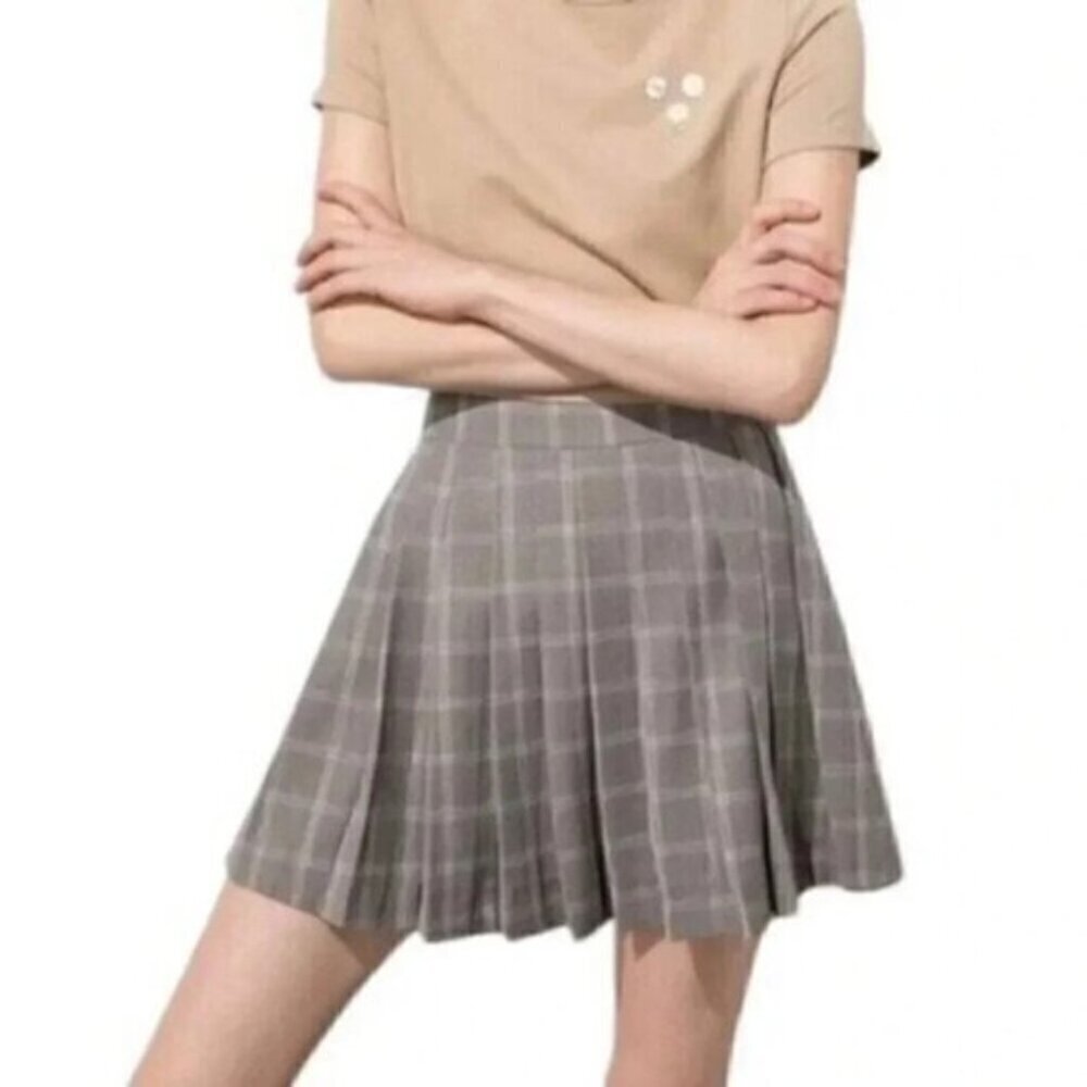 J.ING School Girl Plaid Checkered Pleated Skirt Gray Size XS